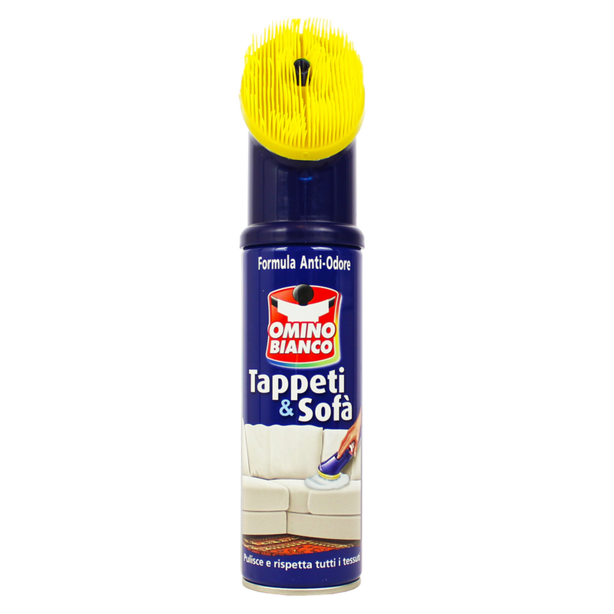Omino Bianco Tappeti & Sofà 300 ml, schiuma detergente anti-odore con spazzola integrata, ideale per eliminare sporco e odori di fumo, cibo e animali domestici da tappeti e divani.