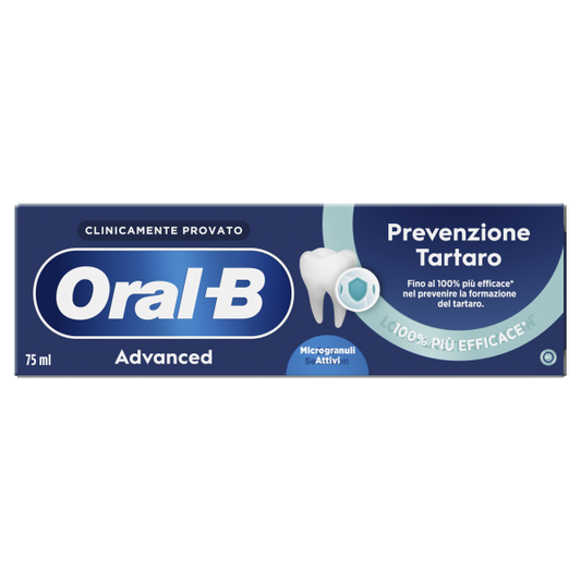 Oral-B Advanced Prevenzione Tartaro Dentifricio 75 ml, con microgranuli e complesso di fluoruro stannoso, aiuta a rimuovere la placca, contrastare la formazione del tartaro e proteggere smalto e denti per un'igiene orale completa.