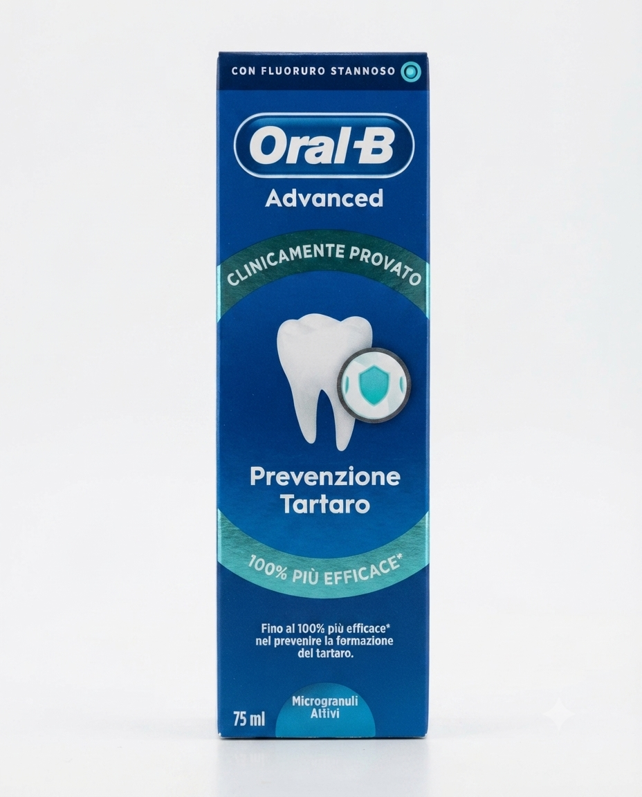Oral-B Advanced Prevenzione Tartaro 75 ml dentifricio anti placca 24h con fluoruro stannoso e zinco attivo.