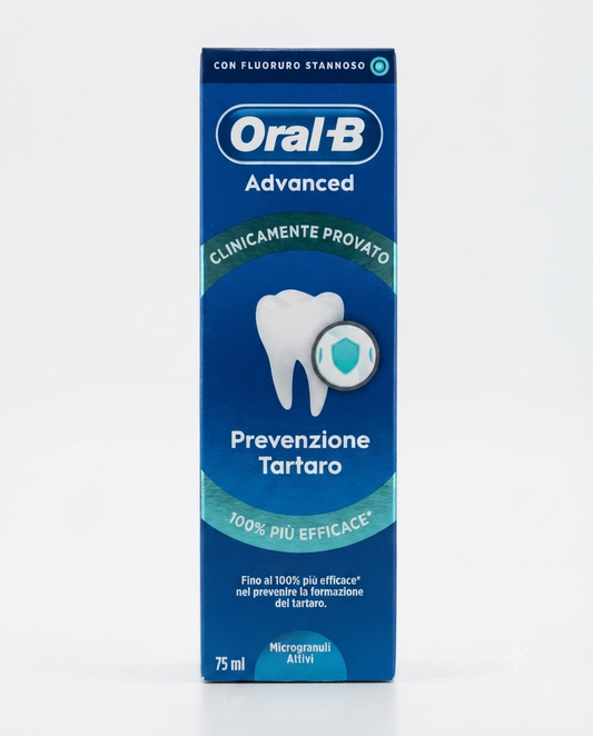 Oral-B Advanced Prevenzione Tartaro 75 ml dentifricio anti placca 24h con fluoruro stannoso e zinco attivo.