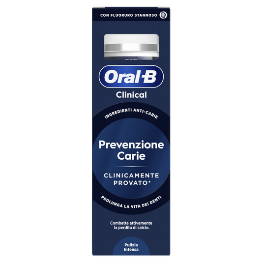 Oral-B Clinical Prevenzione Carie Dentifricio 75 ml, con fluoruro stannoso per una pulizia intensa, aiuta a proteggere lo smalto dalla carie, mantenere gengive sane e garantire un'igiene orale completa ogni giorno.
