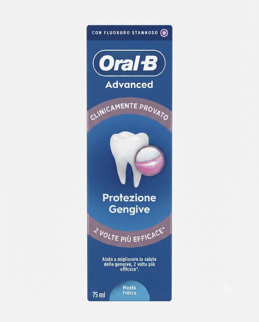 Oral-B Advanced Protezione Gengive 75 ml dentifricio antibatterico alla menta con fluoruro stannoso.