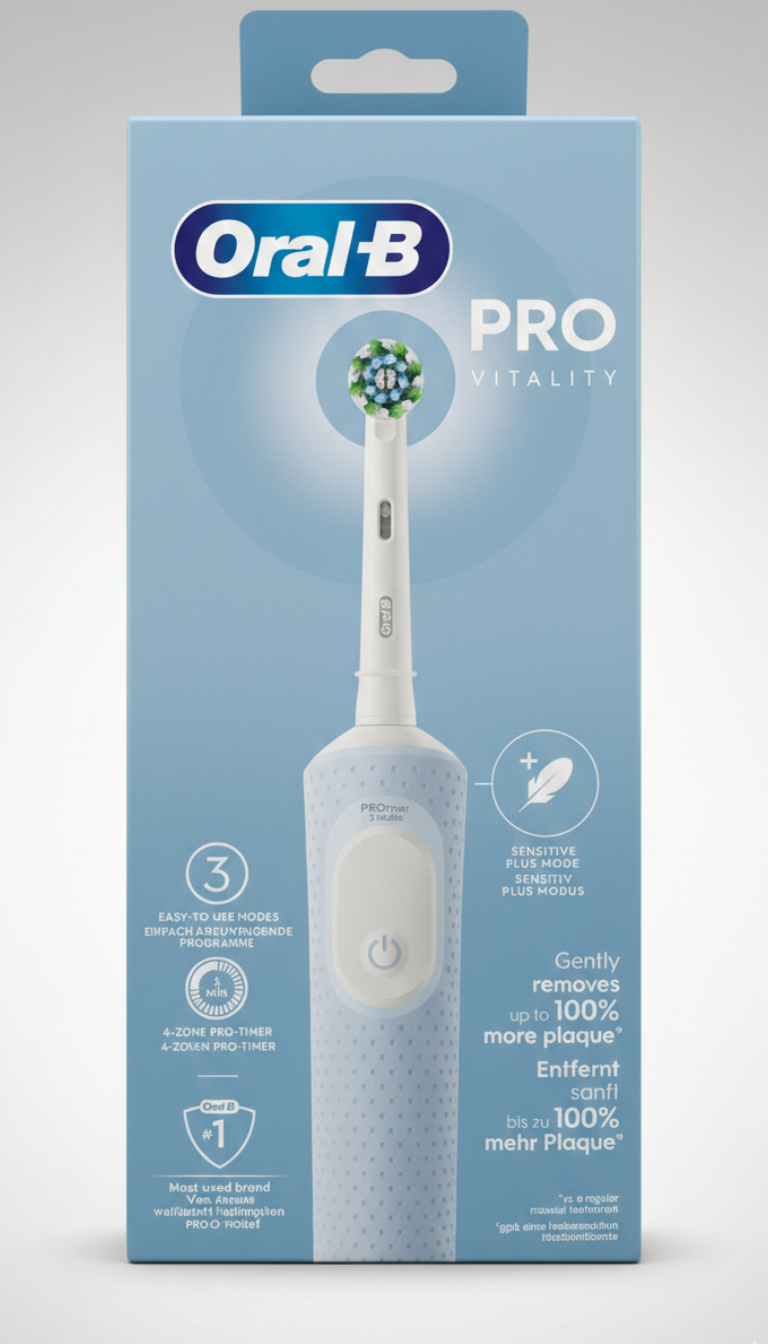 Oral-B Vitality Pro Spazzolino Elettrico Ricaricabile | 3 Modalità di Pulizia (Denti Sensibili Plus) | Tecnologia 2D | Timer Professionale 4 Zone | Rimuove fino al 100% di Placca
