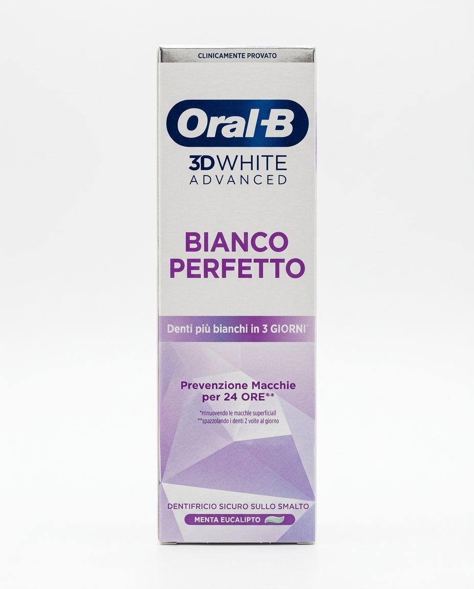 Oral-B 3D White Advanced Bianco Perfetto Dentifricio 75ml Menta Eucalipto – Sbiancante Smalto Sicuro Denti Bianchi in 3 Giorni