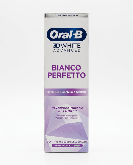 Oral-B 3D White Advanced Bianco Perfetto Dentifricio 75ml Menta Eucalipto – Sbiancante Smalto Sicuro Denti Bianchi in 3 Giorni