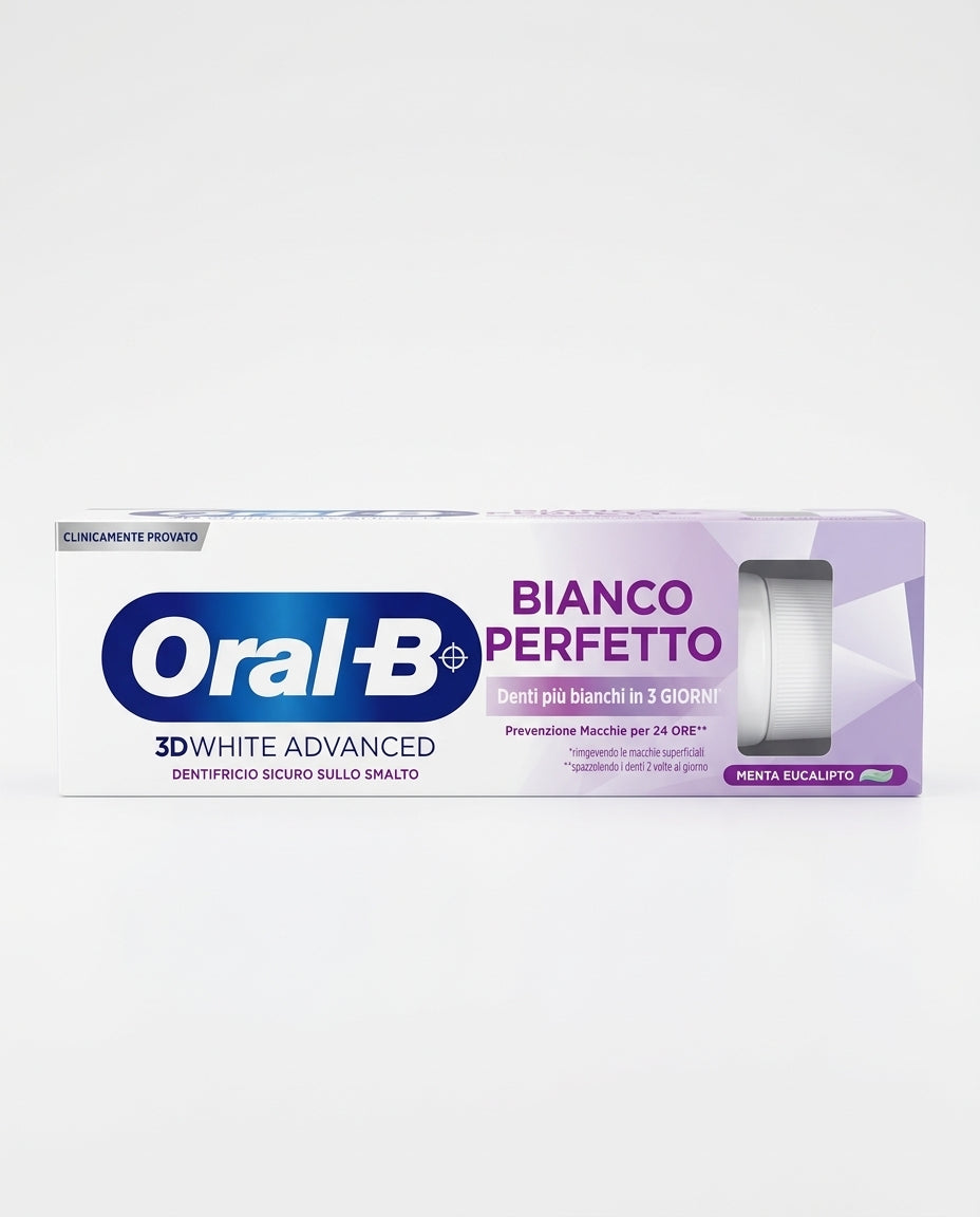 Oral-B 3D White Advanced Bianco Perfetto Dentifricio 75ml Menta Eucalipto – Sbiancante Smalto Sicuro Denti Bianchi in 3 Giorni