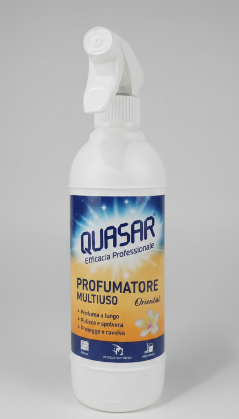 Quasar Profumatore Multiuso Spray 500ml | Azione Professionale 3 in 1: Pulisce, Spolvera e Deodora | Formula Zero Aloni con Effetto Antistatico