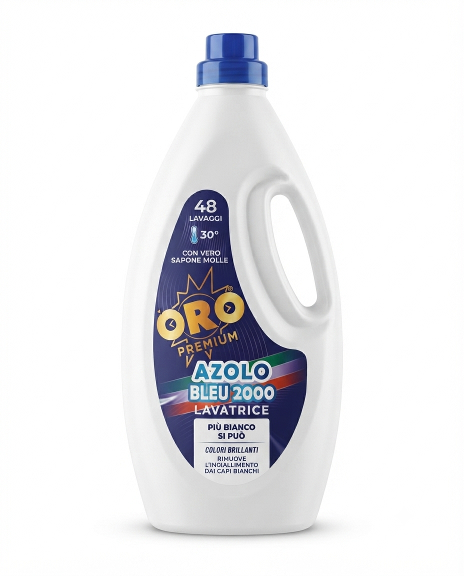 ORO Premium Azolo Bleu 2000 Sapone Ecologico Lavatrice 2,2 L, detersivo liquido anti-ingiallimento per bucato, formula con sapone ecologico per capi puliti, protetti e brillanti.