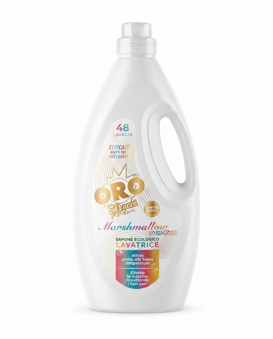 ORO Sapone Ecologico Lavatrice Marshmallow Yum Yum Limited Edition 2,2 L, detersivo liquido ecologico per lavatrice, formula con sapone per un bucato pulito e profumato.