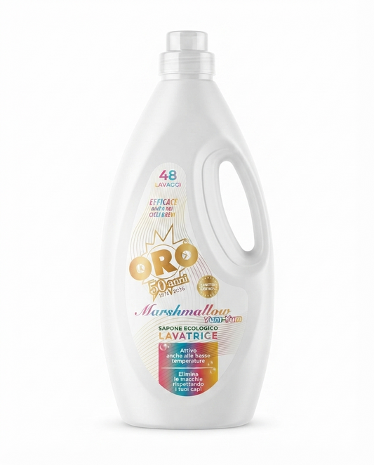 ORO Sapone Ecologico Lavatrice Marshmallow Yum Yum Limited Edition 2,2 L, detersivo liquido ecologico per lavatrice, formula con sapone per un bucato pulito e profumato.