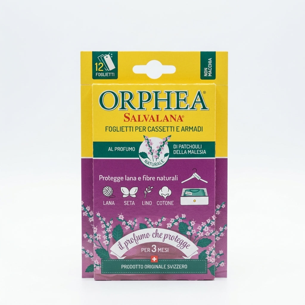 Orphea Salvalana Foglietti Patchouli della Malesia 12 Pezzi – Profumatori Armadi e Cassetti Protezione Lana Seta Made in Switzerland