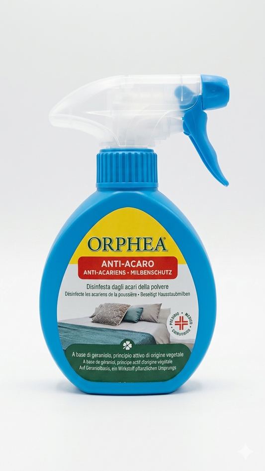 Orphea Anti-Acaro Spray 150 ml al geraniolo di origine vegetale, protegge materassi e tessuti dagli acari.
