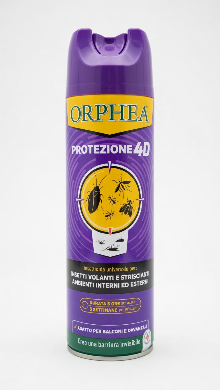 Orphea Protezione 4D Fast Kill spray insetticida universale 500 ml, efficace contro insetti volanti e striscianti come zanzare, mosche, formiche e scarafaggi, con azione abbattente immediata e barriera protettiva fino a 3 settimane per interni ed esterni.