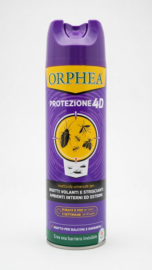 Orphea Protezione 4D Fast Kill spray insetticida universale 500 ml, efficace contro insetti volanti e striscianti come zanzare, mosche, formiche e scarafaggi, con azione abbattente immediata e barriera protettiva fino a 3 settimane per interni ed esterni.