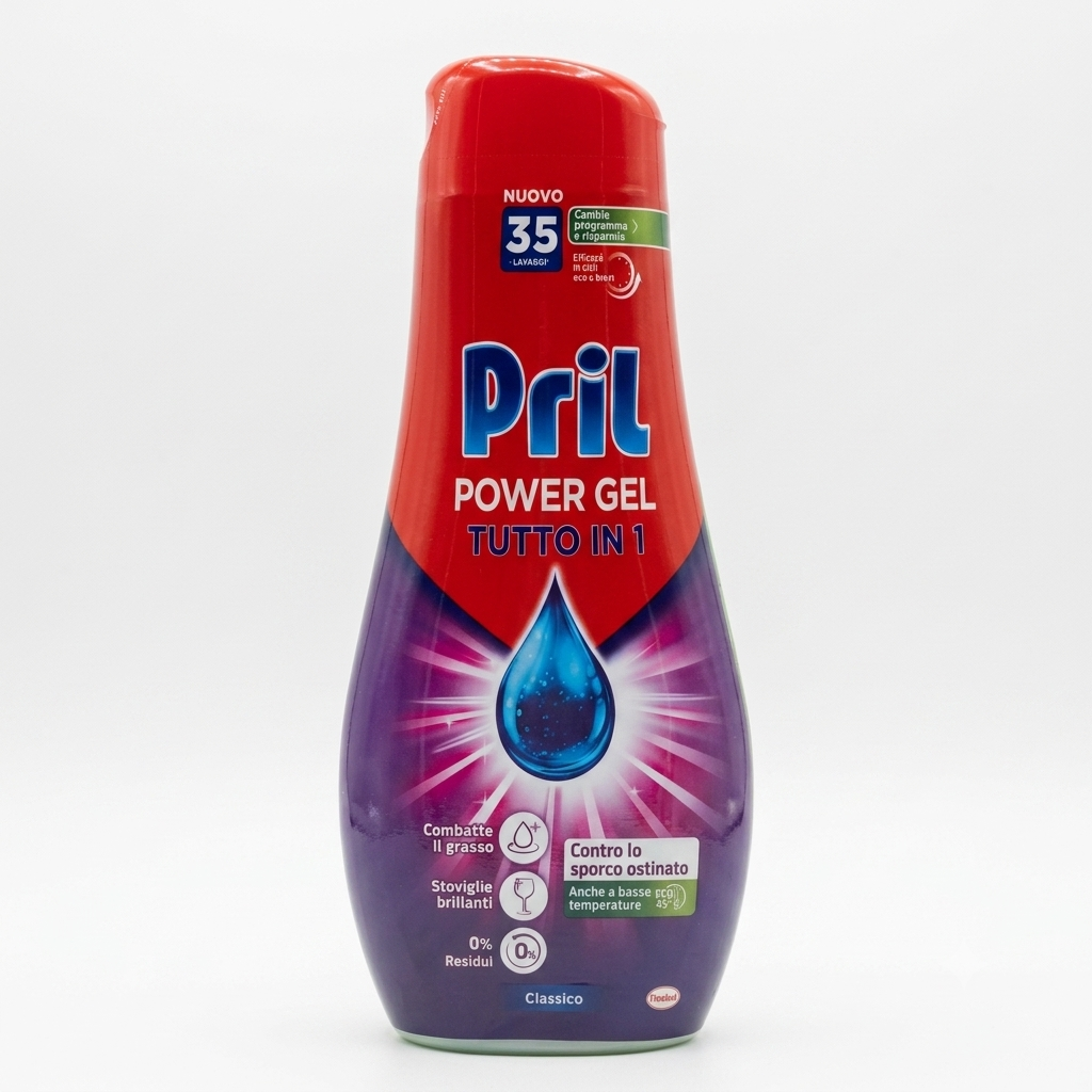 Pril Tutto in 1 Gel Lavastoviglie Classico 630 ml, detergente in gel per lavastoviglie con pulizia profonda e formula zero residui, efficace anche nei cicli brevi e a basse temperature, con formato fino a 35 lavaggi.
