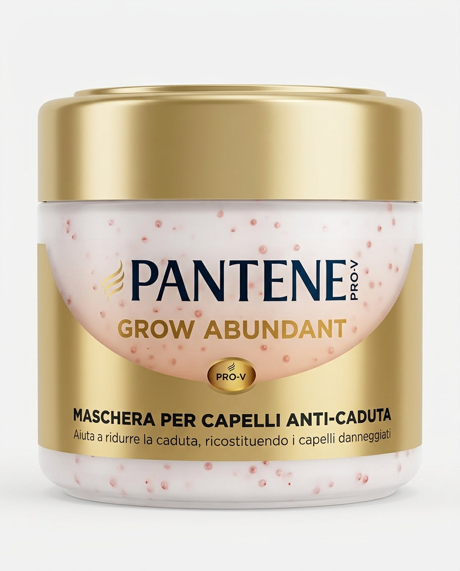 Pantene Pro-V Grow Abundant Maschera Anti-Caduta 300 ml, con complesso Pro-V B5 e aminoacidi, formulata per rendere i capelli più forti e resistenti alla rottura, favorendo capelli più lunghi e folti.