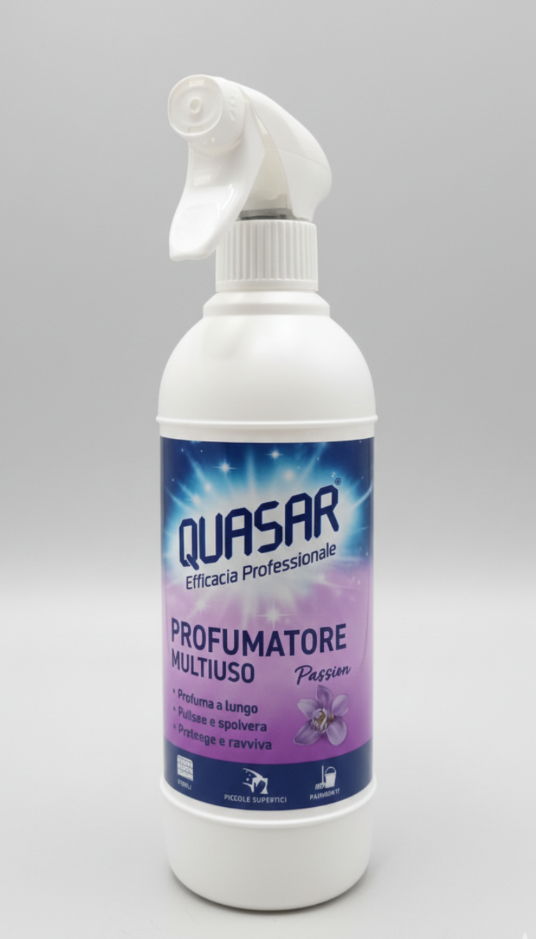 Quasar Profumatore Multiuso Spray 500ml | Azione Professionale 3 in 1: Pulisce, Spolvera e Deodora | Formula Zero Aloni con Effetto Antistatico