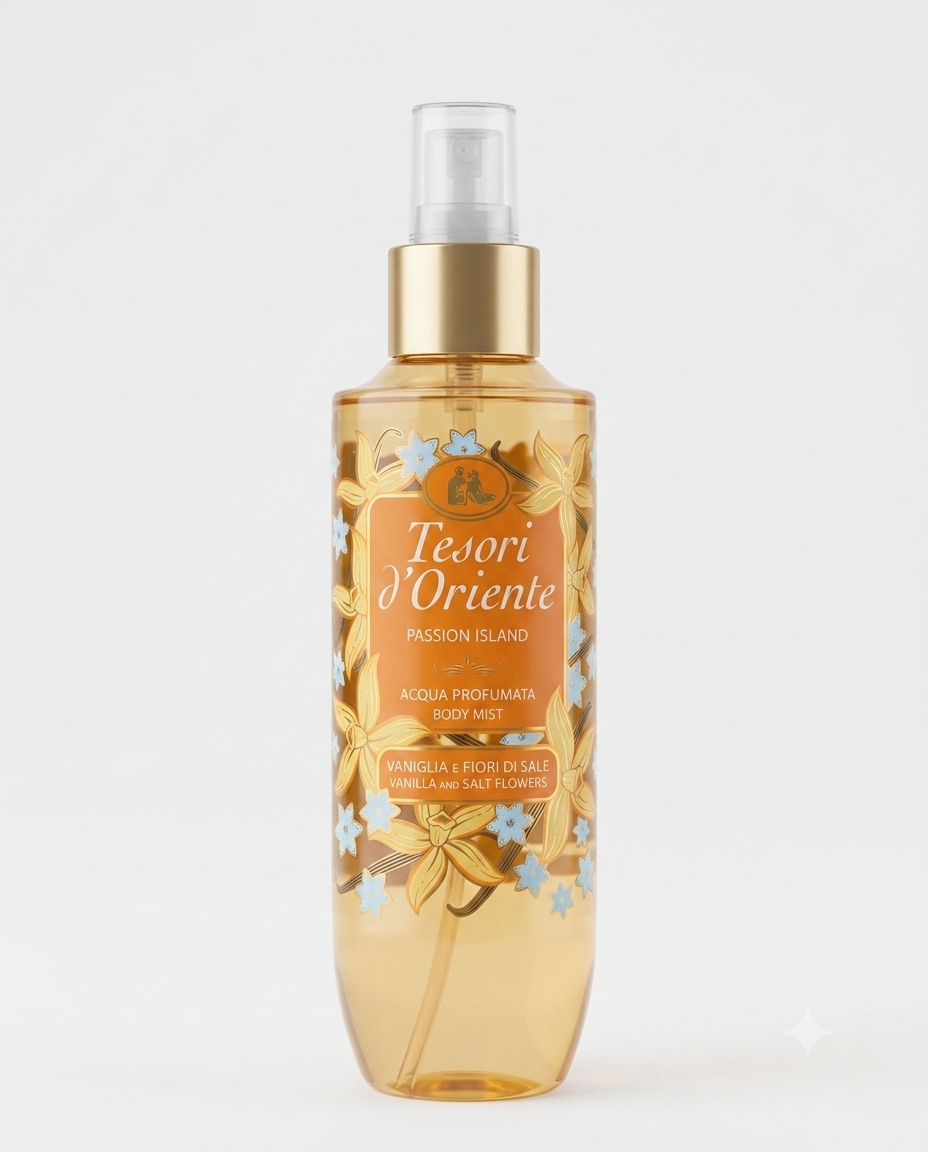 Tesori d'Oriente Acqua Profumata Passion Island 200ml, vaniglia e fiori di sale, fragranza tropicale fresca e avvolgente.