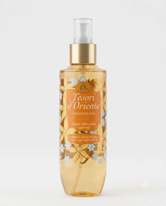 Tesori d'Oriente Acqua Profumata Passion Island 200ml, vaniglia e fiori di sale, fragranza tropicale fresca e avvolgente.