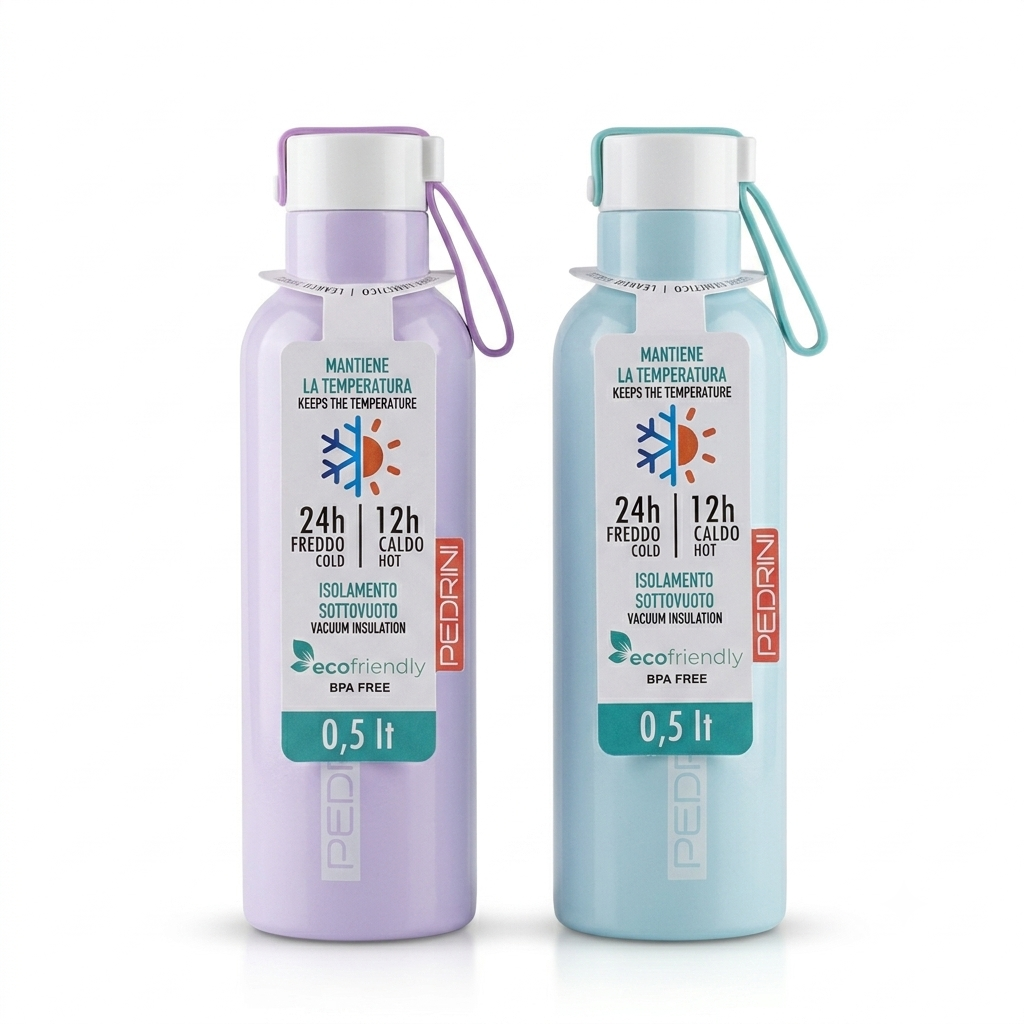 Pedrini Bottiglia Termica 500 ml in acciaio inox, bottiglia riutilizzabile ed eco-friendly, progettata per mantenere le bevande calde fino a 12 ore e fredde fino a 24 ore.