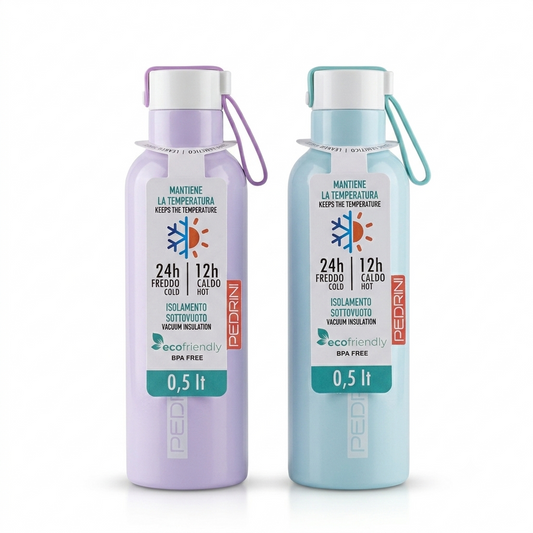 Pedrini Bottiglia Termica 500 ml in acciaio inox, bottiglia riutilizzabile ed eco-friendly, progettata per mantenere le bevande calde fino a 12 ore e fredde fino a 24 ore.