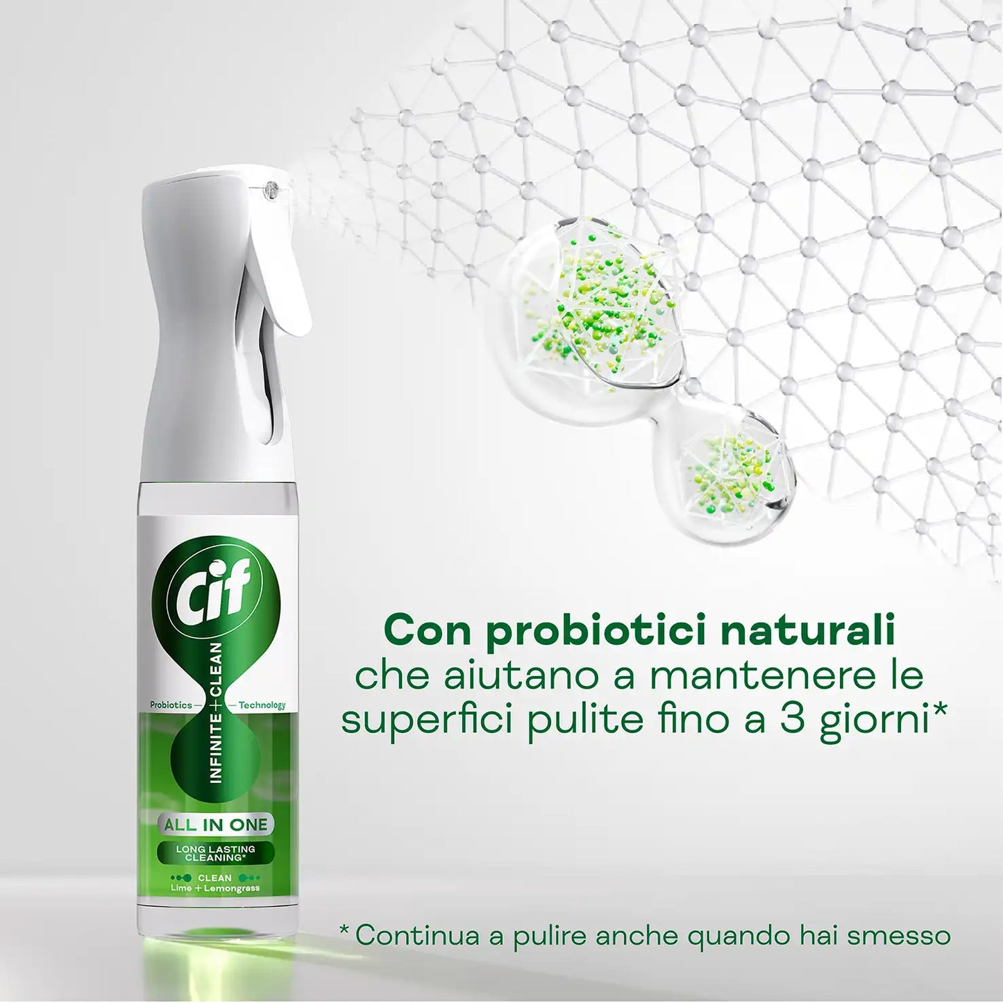 Cif Infinite Clean Spray Multiuso 280ml – Tecnologia Probiotica Attiva 72h – Detergente 3-in-1 per Superfici, Tessuti ed Elettronica – Erogatore Garantito 3 Anni