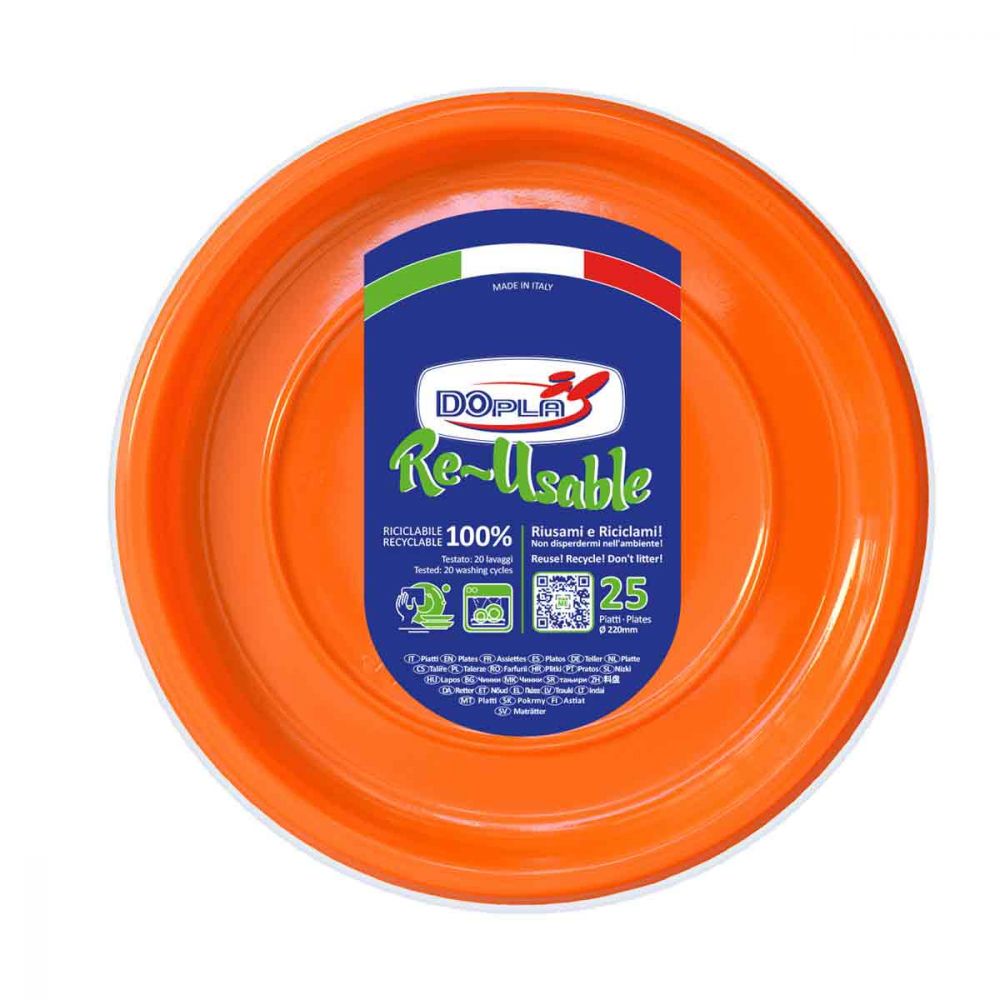 Doplà Piatti Piani Arancioni Riutilizzabili ∅22 cm | Confezione da 25 Pezzi | Piatti Lavabili ed Eco-Friendly per Feste Sostenibili