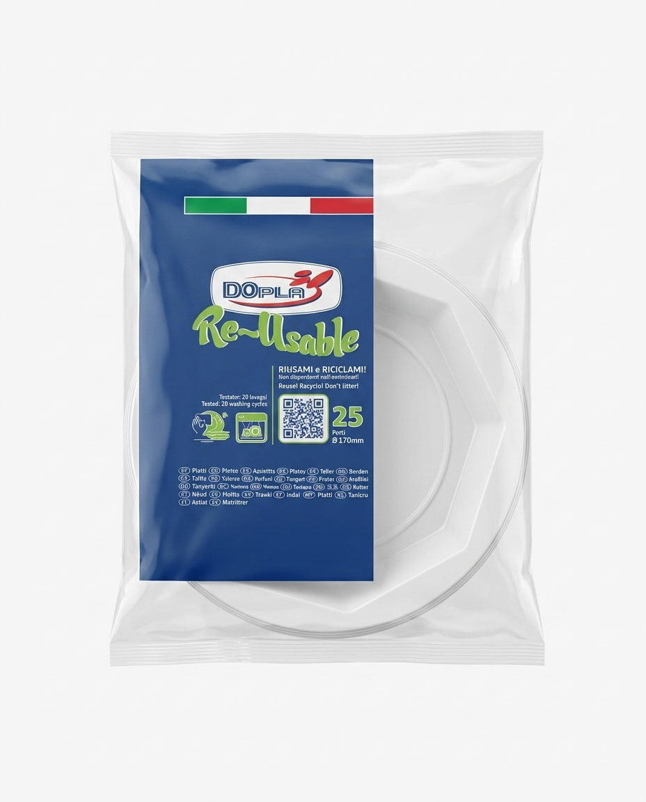 DOpla Re-Usable Piatti Frutta Ottagonali 25 pezzi, diametro 170 mm, piatti riutilizzabili e riciclabili in PS 6, lavabili a mano e in lavastoviglie fino a 20 lavaggi, utilizzabili anche in microonde e idonei al contatto con alimenti.