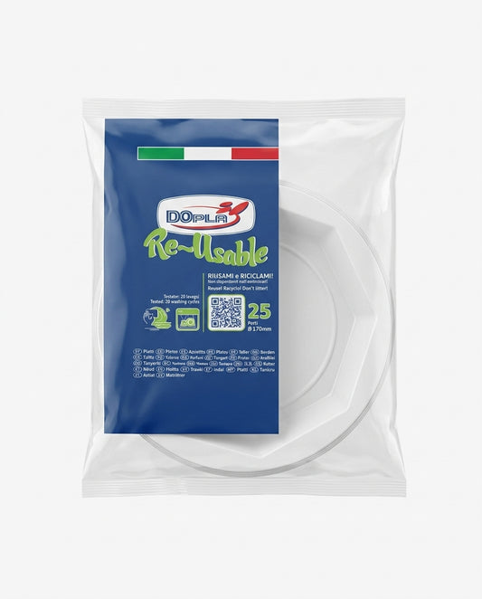 DOpla Re-Usable Piatti Frutta Ottagonali 25 pezzi, diametro 170 mm, piatti riutilizzabili e riciclabili in PS 6, lavabili a mano e in lavastoviglie fino a 20 lavaggi, utilizzabili anche in microonde e idonei al contatto con alimenti.