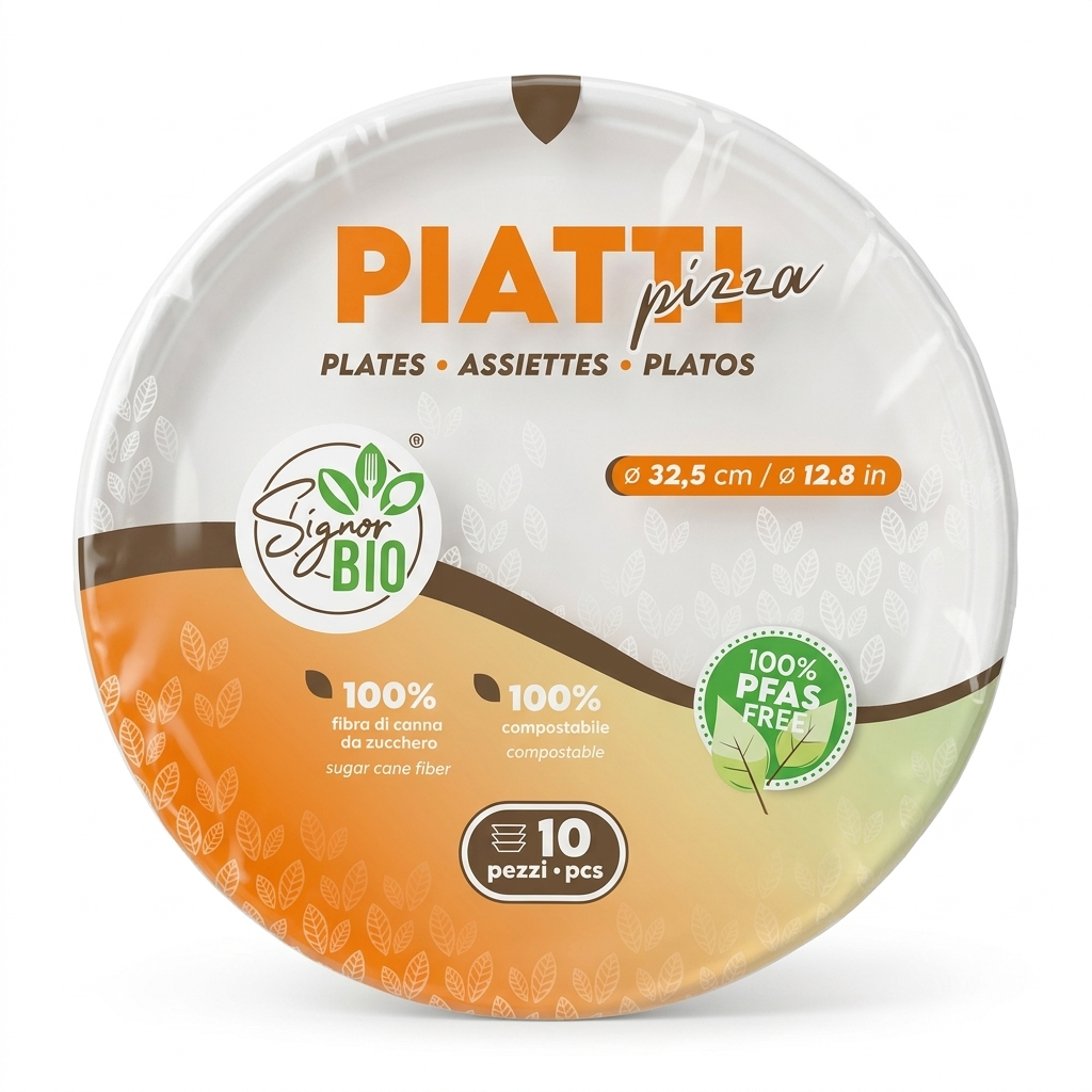 Signor BIO Piatti Pizza Compostabili Ø 32,5 cm, confezione da 10 piatti monouso in fibra di canna da zucchero, resistenti e ideali per pizza, feste, eventi e catering, certificati PFAS Free e OK Compost per una soluzione pratica ed ecosostenibile.