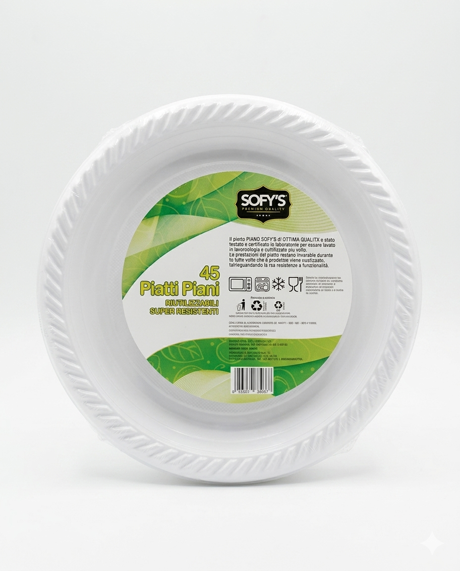 Sofy's Piatti Piani Riutilizzabili Premium 45pz – Polipropilene Alta Resistenza Certificato per Lavastoviglie – Soluzione Ecosostenibile per la Casa Moderna