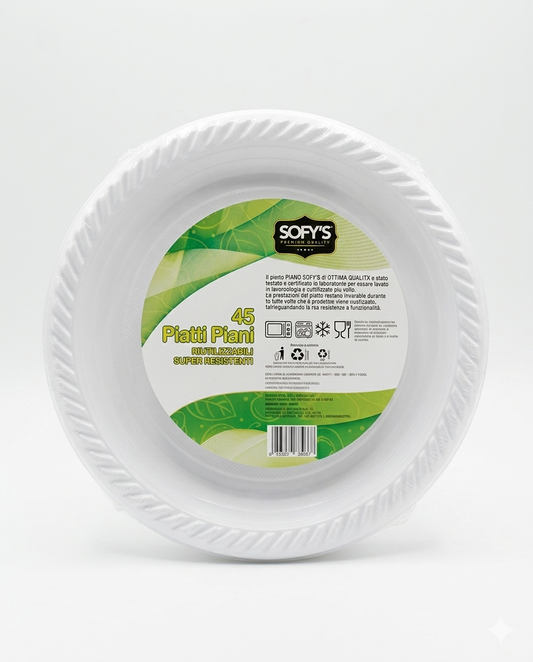 Sofy's Piatti Piani Riutilizzabili Premium 45pz – Polipropilene Alta Resistenza Certificato per Lavastoviglie – Soluzione Ecosostenibile per la Casa Moderna