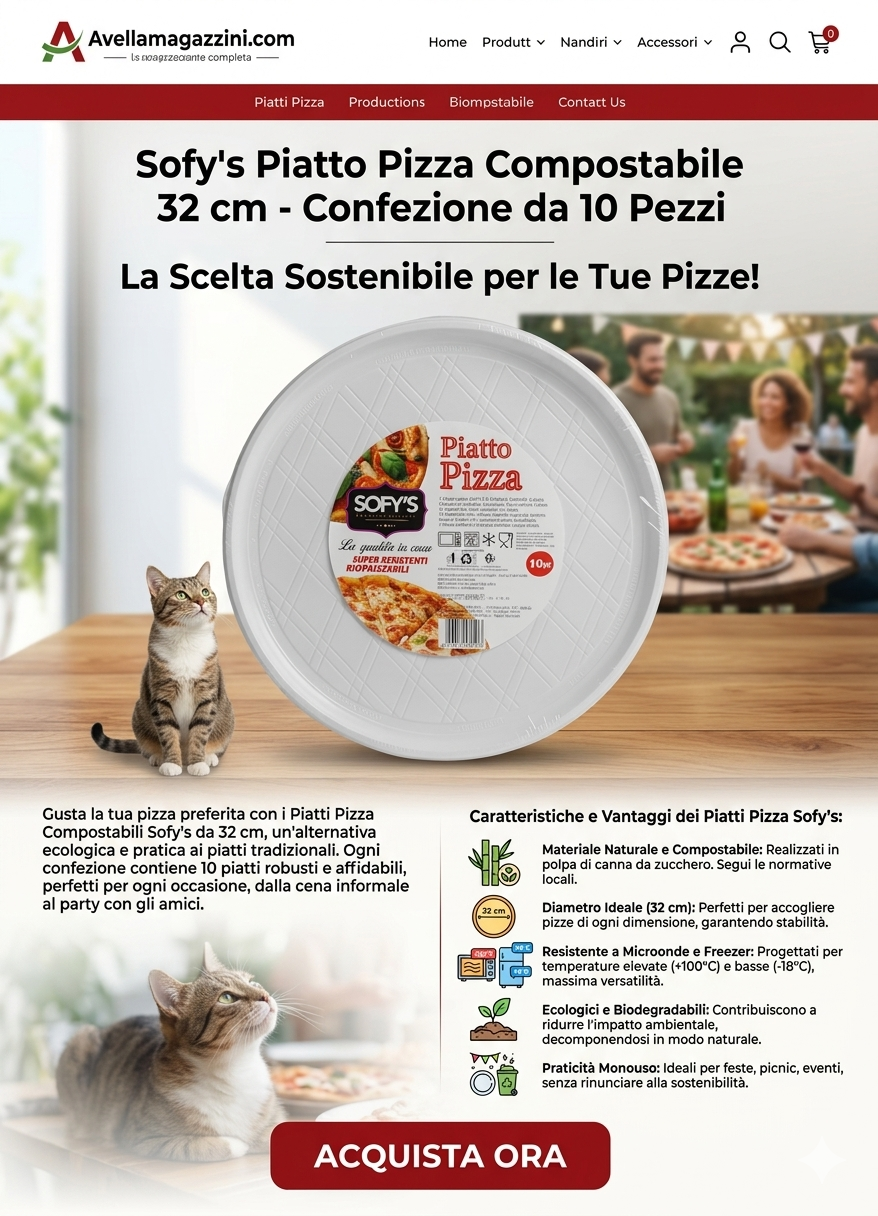 Sofy's Piatto Pizza Compostabile 32cm | 10 Pezzi | Polpa di Canna da Zucchero Naturale | Idoneo Microonde e Freezer