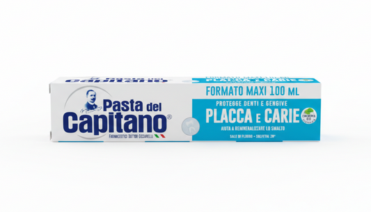 Pasta Del Capitano Dentifricio Placca & Carie 100ml – Con Doppi Sali di Fluoro e Menta Bio – Protezione Smalto