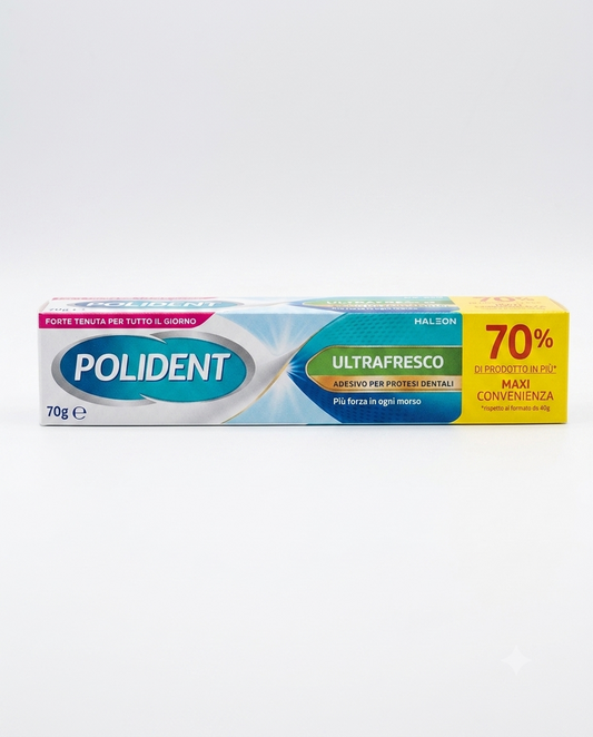 Polident Ultrafresco crema adesiva per dentiere 70g, tenuta sicura per tutto il giorno e fresca profumazione alla menta, aiuta a mantenere l’alito fresco e migliora stabilità e comfort della protesi.