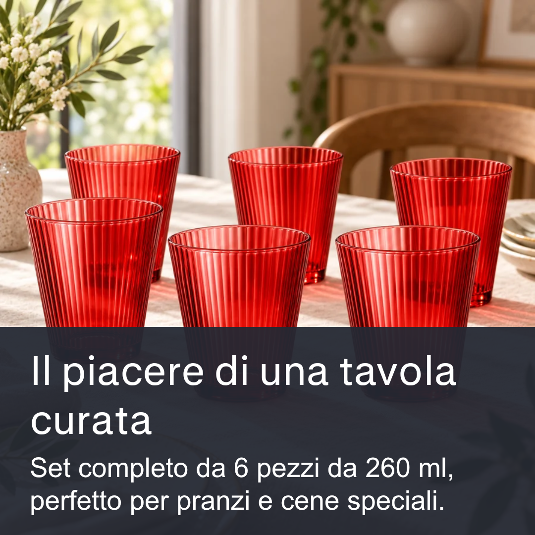 Maison Tortorà Set 6 Bicchieri in Vetro Colorati Rosso Prestige 260 ml per Acqua Succhi e Drink – Design Scanalato Canneté Luxury