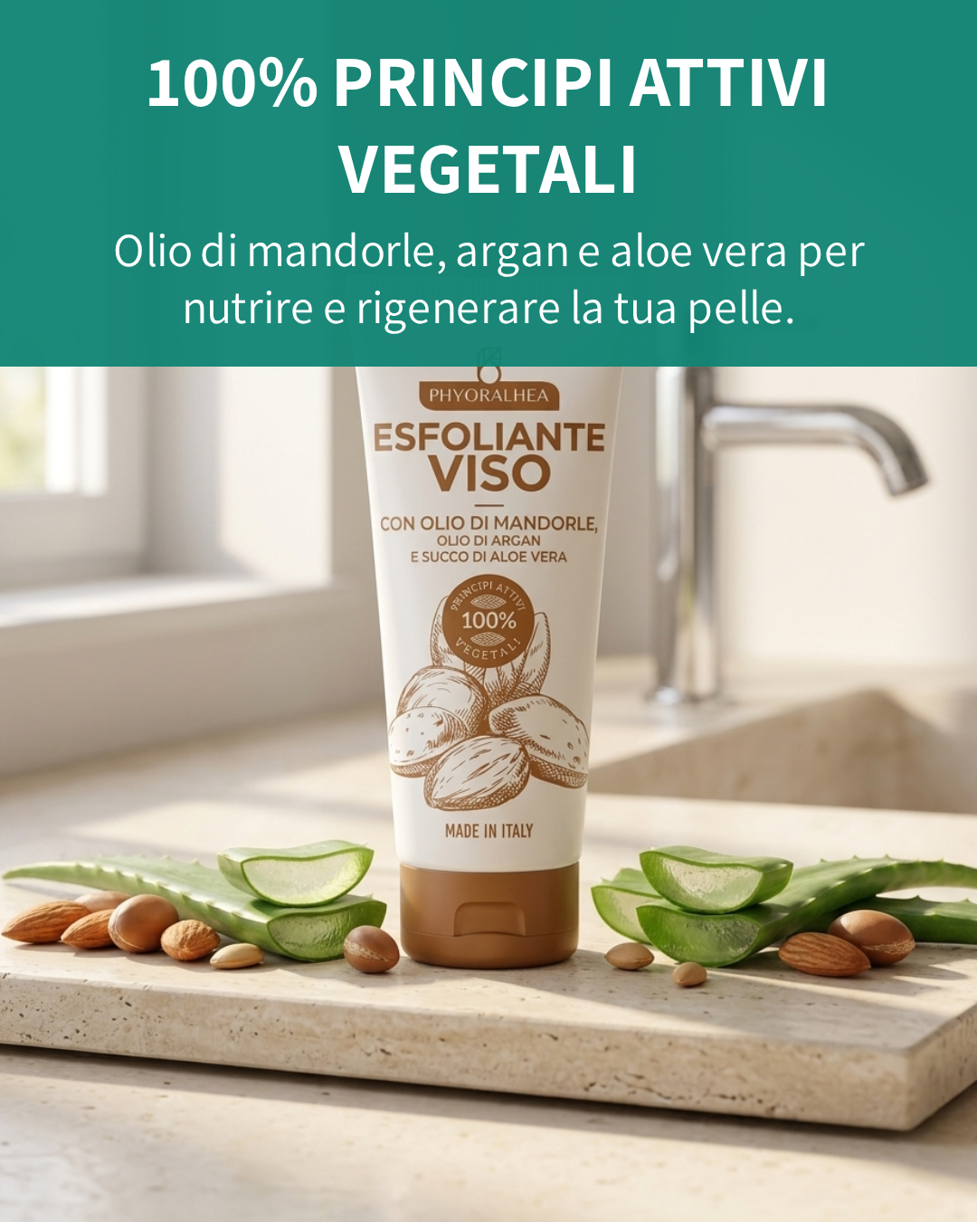 PHYORALHEA Esfoliante Viso all'Olio di Mandorle 75 ml | Scrub Viso con Olio di Argan, Aloe Vera e Acido Ialuronico | Rimuove Impurità e Cellule Morte | 100% Principi Attivi Vegetali | Made in Italy