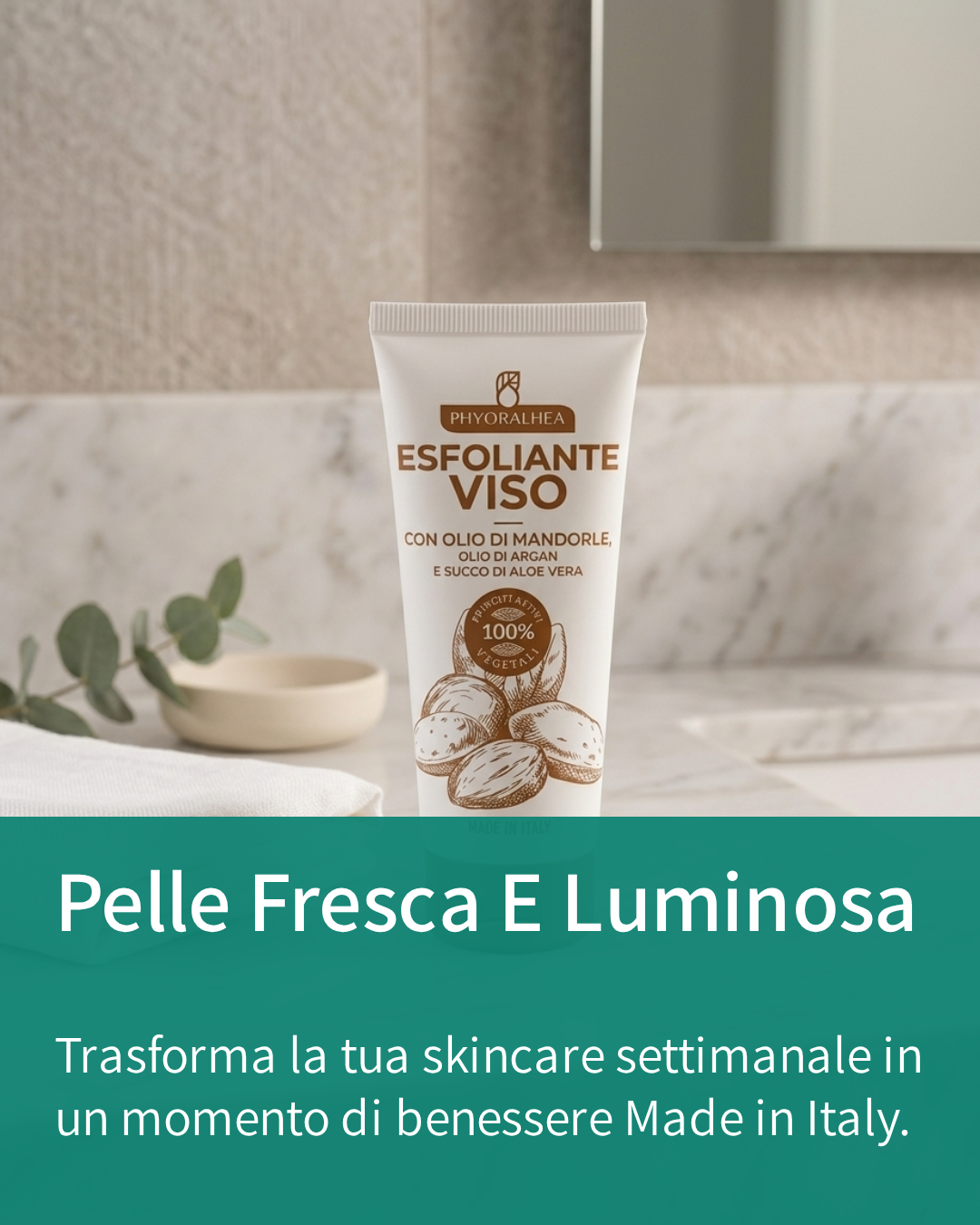 PHYORALHEA Esfoliante Viso all'Olio di Mandorle 75 ml | Scrub Viso con Olio di Argan, Aloe Vera e Acido Ialuronico | Rimuove Impurità e Cellule Morte | 100% Principi Attivi Vegetali | Made in Italy