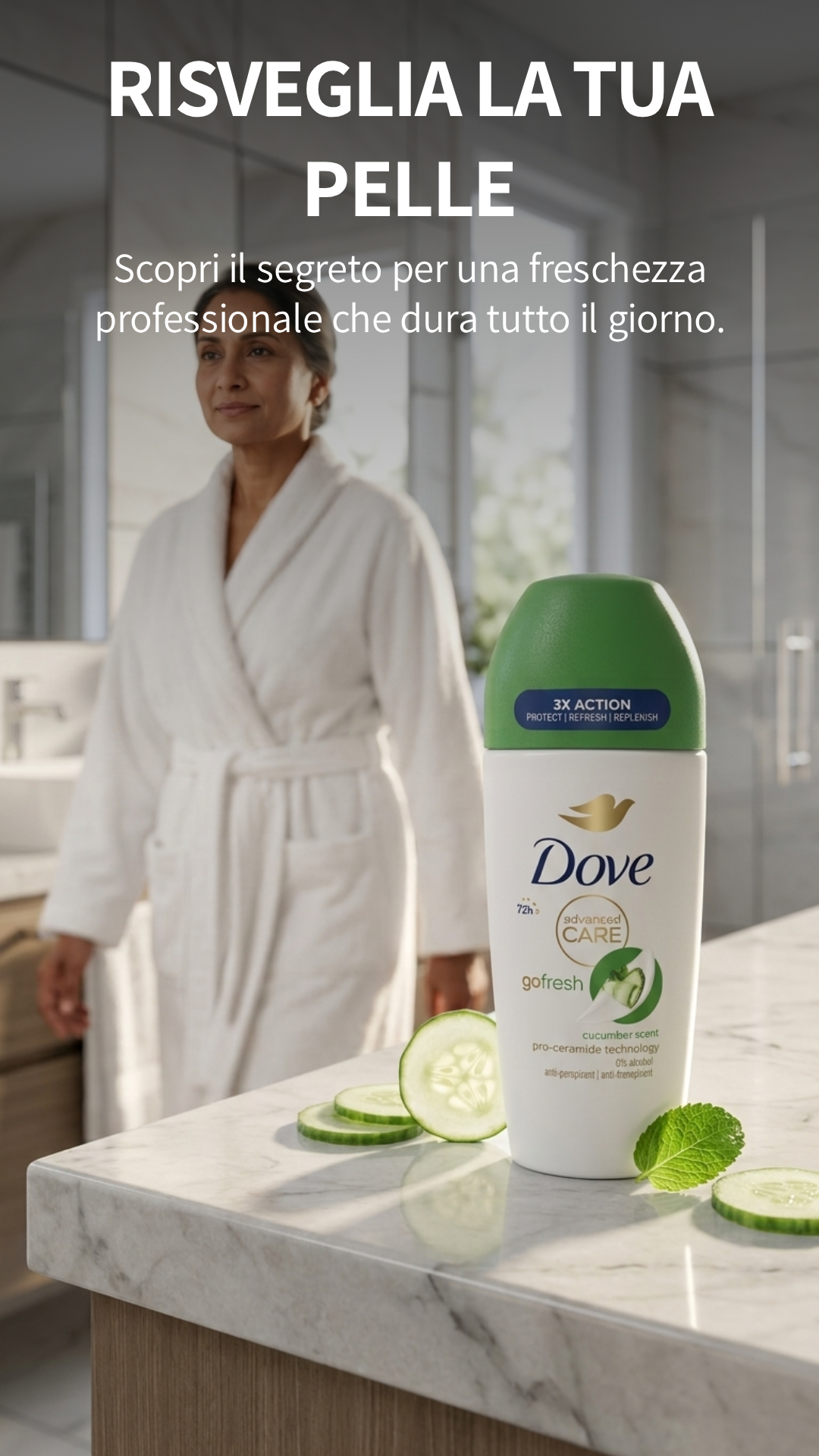 Dove Advanced Care Go Fresh Deodorante Roll-On Cetriolo Pro-Ceramide Plastica PP – Rinfrescante Antitraspirante 72H 50ml