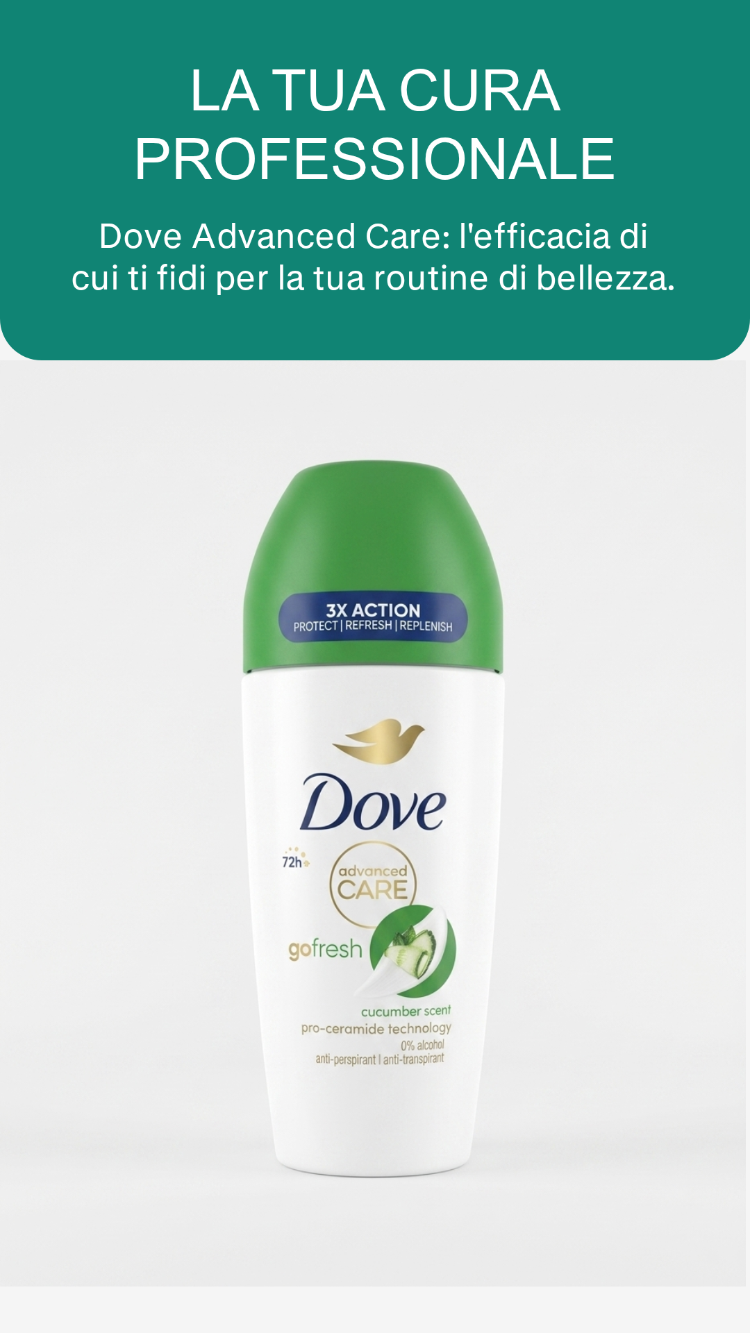 Dove Advanced Care Go Fresh Deodorante Roll-On Cetriolo Pro-Ceramide Plastica PP – Rinfrescante Antitraspirante 72H 50ml