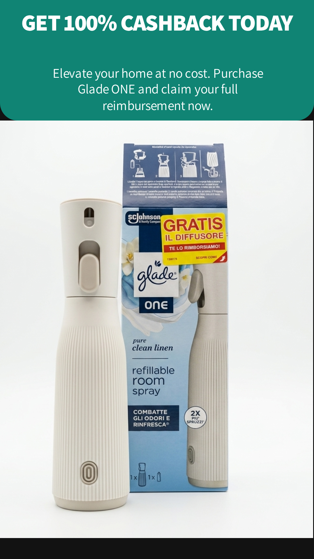 Glade Pure Clean Linen Spray Ambienti Starter Kit 10ml Refillable – Profumatore Universale Lunga Durata Anti-Odore