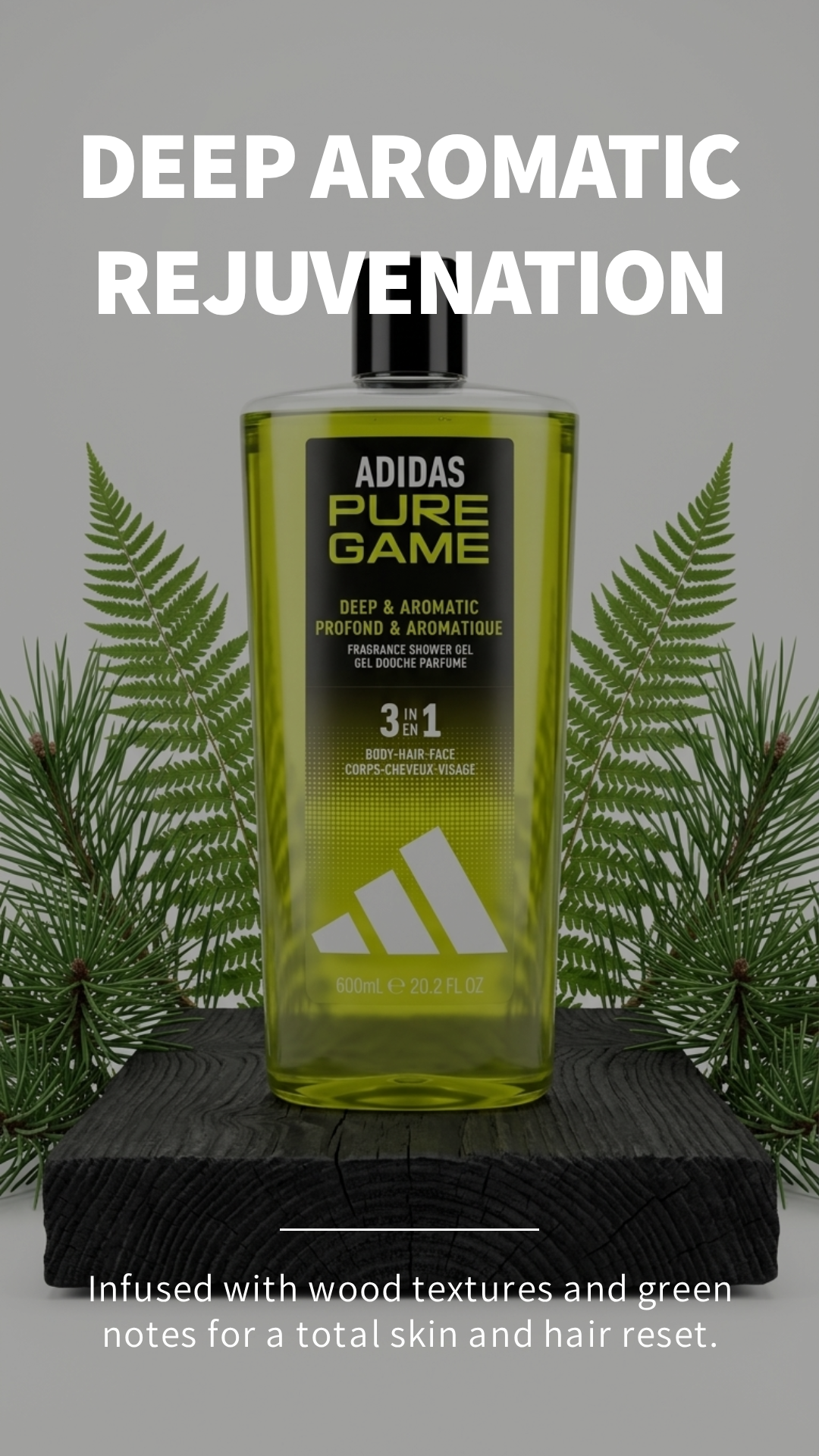Adidas Pure Game Gel Doccia 3in1 600 ml | Corpo, Capelli e Viso | Formula Vegana | Senza Tensioattivi a Base di Solfati | Fragranza Intensa e Aromatica Smoky Woods