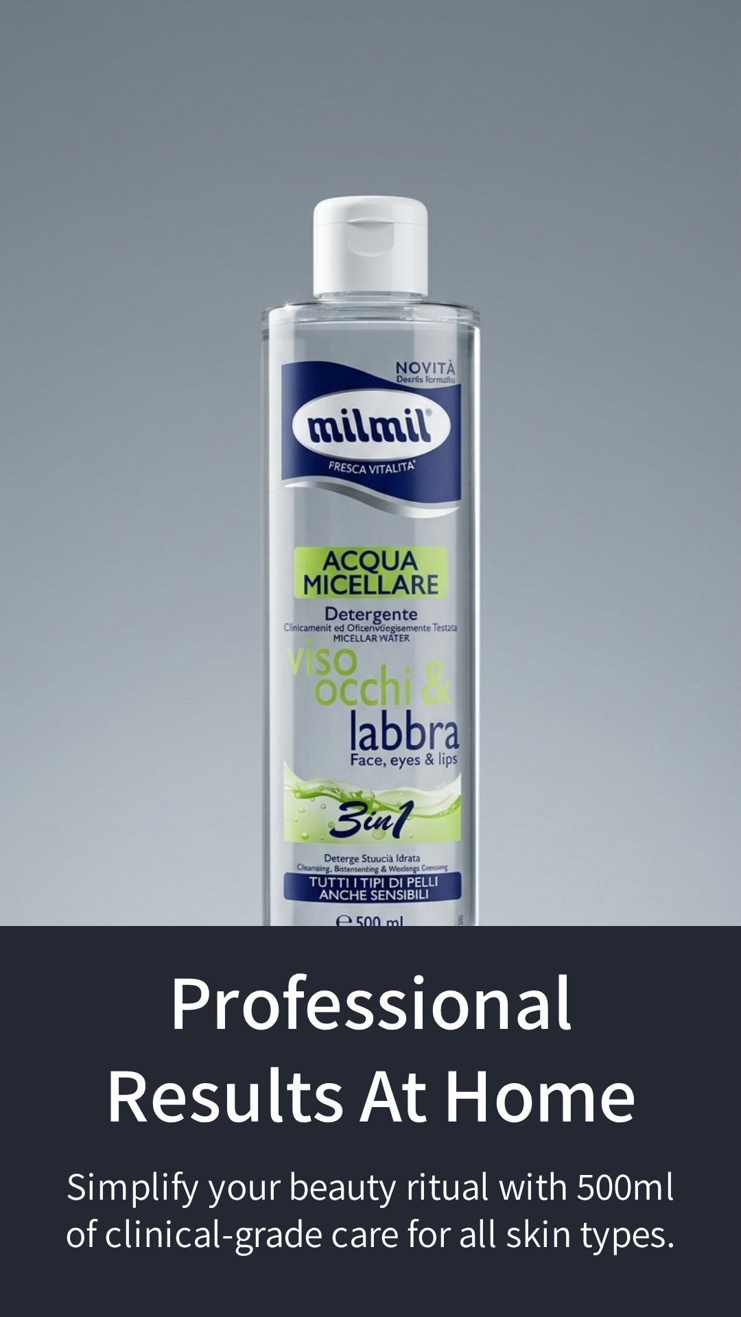 Mil Mil Acqua Micellare 3in1 500 ml, detergente, struccante e idratante per pelli sensibili, testata oftalmologicamente e con formula non oleosa.