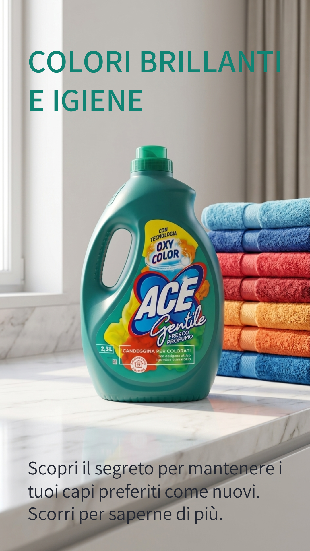 ACE Gentile Fresco Profumo 2.3 Litri | Candeggina Delicata per Capi Colorati e Delicati | Tecnologia Oxy-Color Igienizzante