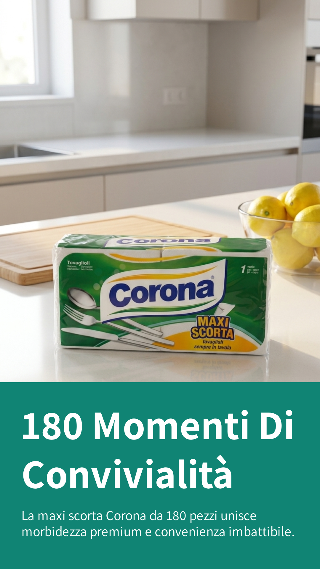 Corona Tovaglioli Maxi Scorta 180pz | Pura Ovatta di Cellulosa 33x30 cm | Morbidi e Resistenti | Made in Italy