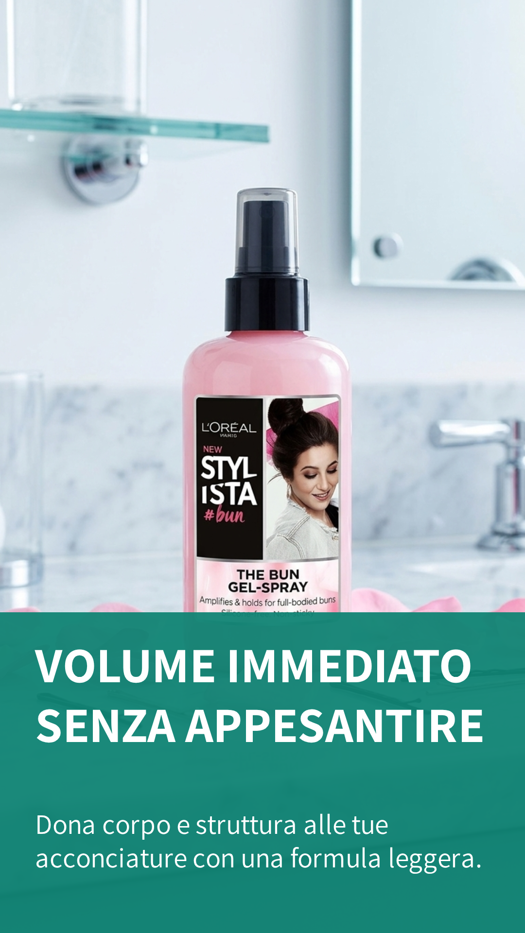 L’Oréal Paris Stylista The Bun Gel-Spray 200ml | Gel Spray Volumizzante con Olio di Petali di Rosa | Fissaggio Forte per Chignon e Raccolti