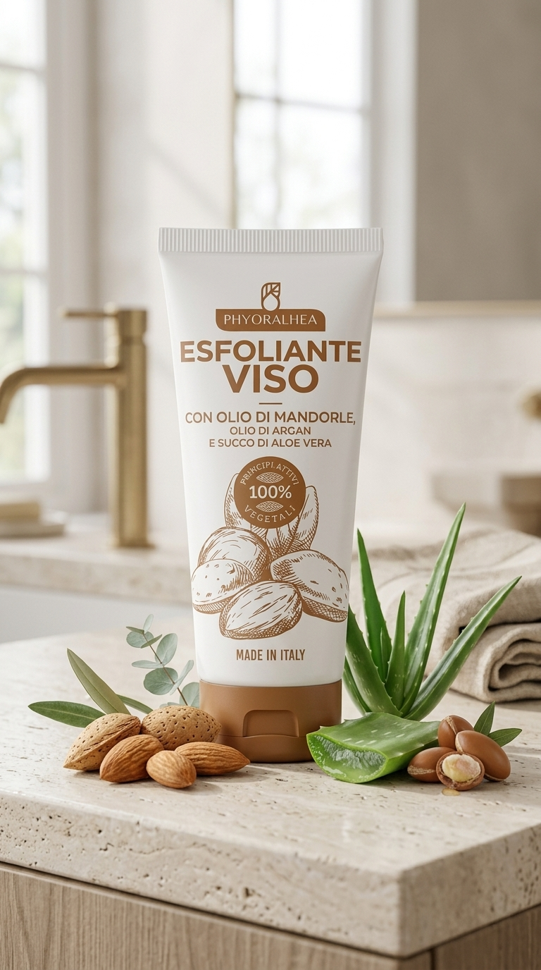 PHYORALHEA Esfoliante Viso all'Olio di Mandorle 75 ml | Scrub Viso con Olio di Argan, Aloe Vera e Acido Ialuronico | Rimuove Impurità e Cellule Morte | 100% Principi Attivi Vegetali | Made in Italy