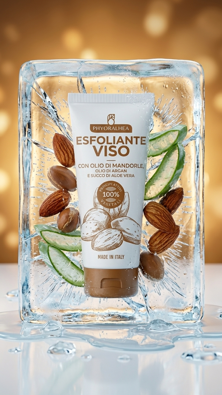 PHYORALHEA Esfoliante Viso all'Olio di Mandorle 75 ml | Scrub Viso con Olio di Argan, Aloe Vera e Acido Ialuronico | Rimuove Impurità e Cellule Morte | 100% Principi Attivi Vegetali | Made in Italy