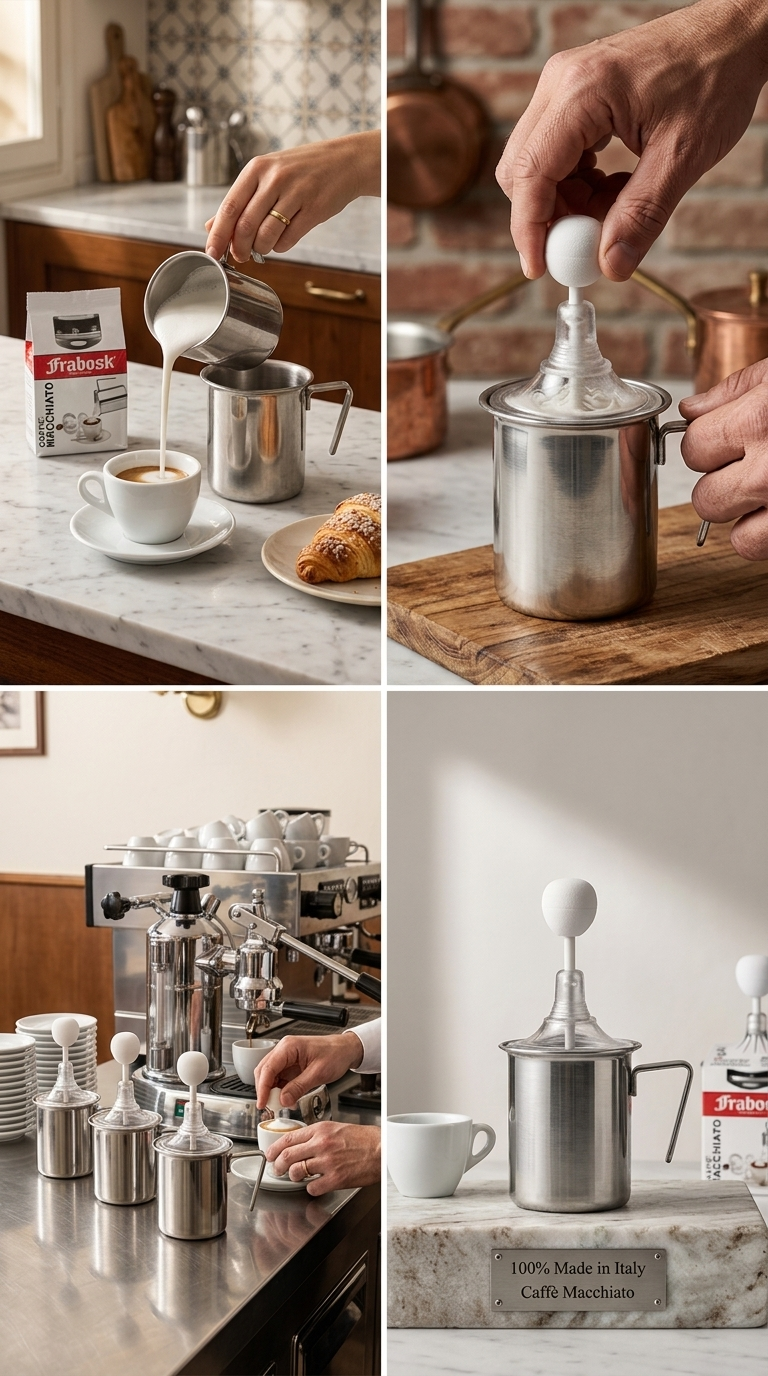 Frabosk Montalatte Manuale 'Caffè Macchiato' 1 Tazza | Schiumalatte Professionale in Acciaio Inox | 100% Made in Italy | Creamer per Cappuccino e Latte Schiumato