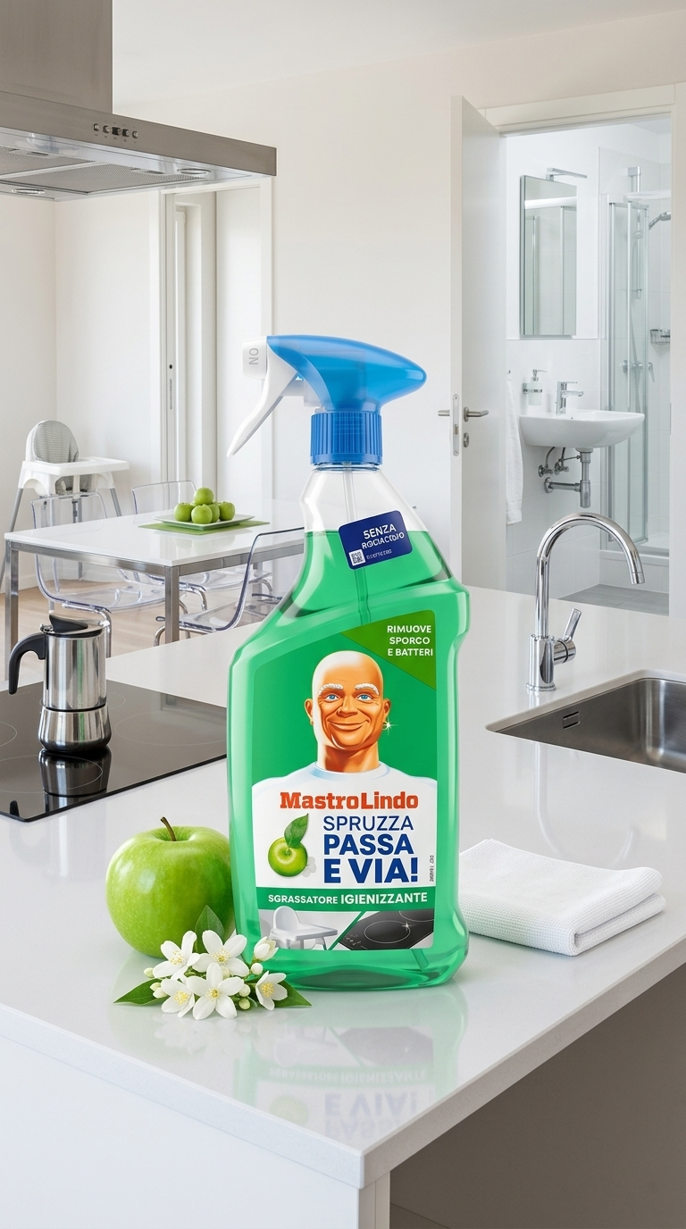 Mastro Lindo Spruzza Passa e Via! Sgrassatore Igienizzante Fiori e Mela Verde 800ml Plastica Reciclabile – Sanificazione Attiva Senza Risciacquo